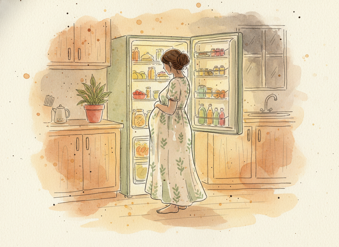 Watercolor illustration of a pregnant woman looking into an open refrigerator