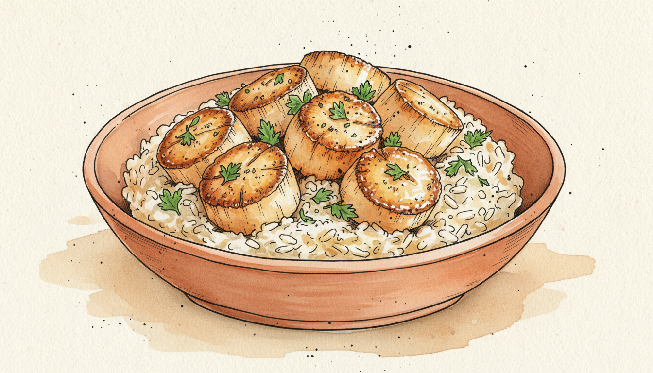 Water-Sautéed Bay Scallops & Creamy Risotto